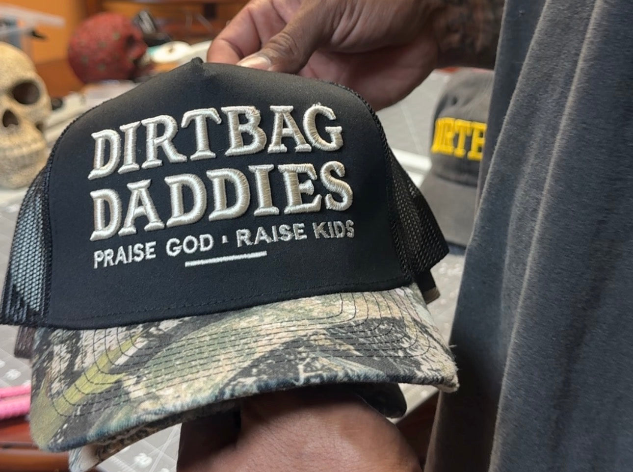 Praise God Raise Kids Distressed Camo Trucker Hat